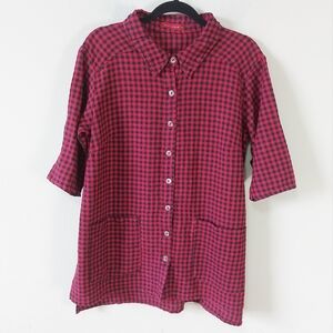 Cut Loose Women Gingham Button Up Tunic Shirt Size Small Patch Pockets Relaxed